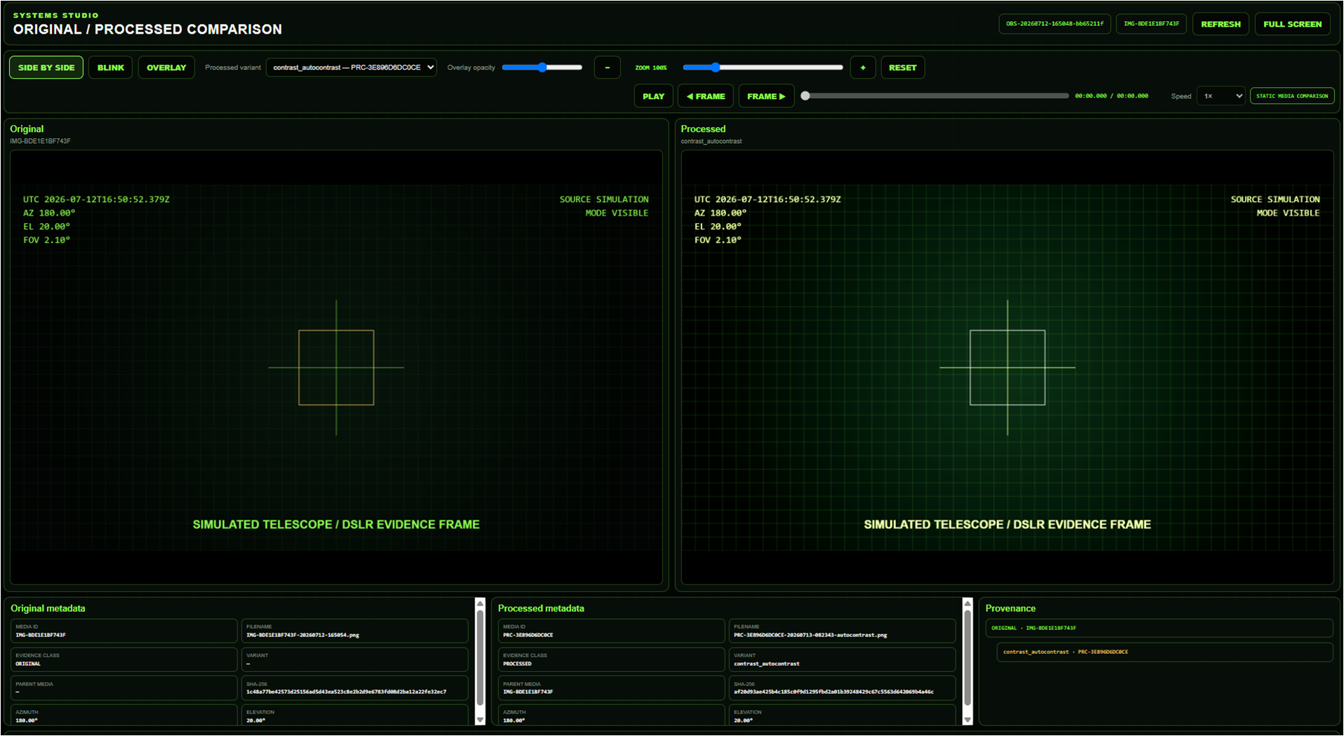 Original and processed comparison workspace